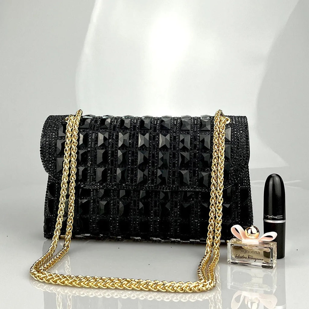 Shiny glass rhinestone chain clutch in horizontal square PU shape with black colour and open pocket