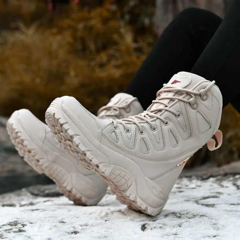 Men's beige hi-top hiking sneakers with a platform sole made from cowhide leather.