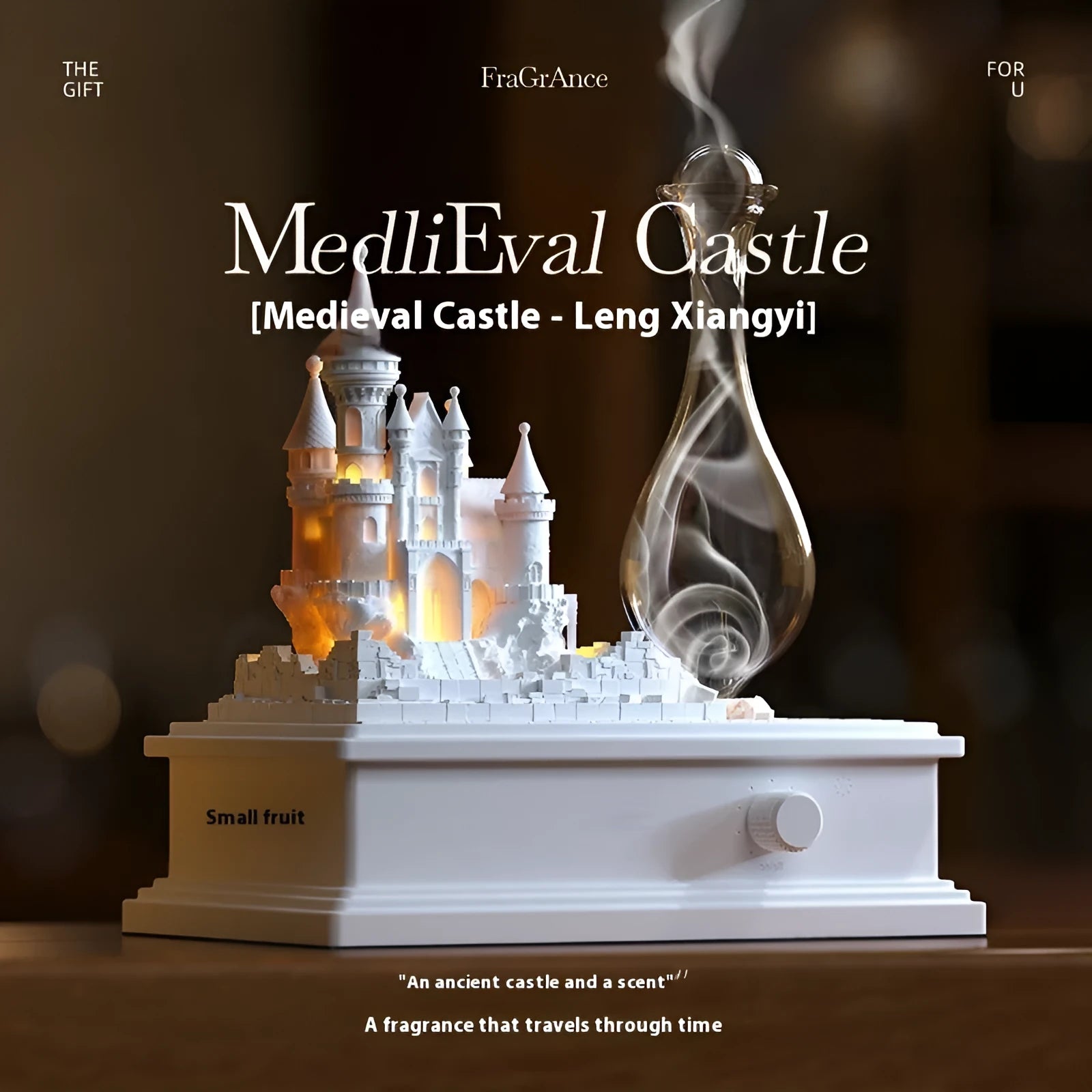 White medieval castle-shaped waterless aromatherapy machine with ambient light as a decorative ornament.