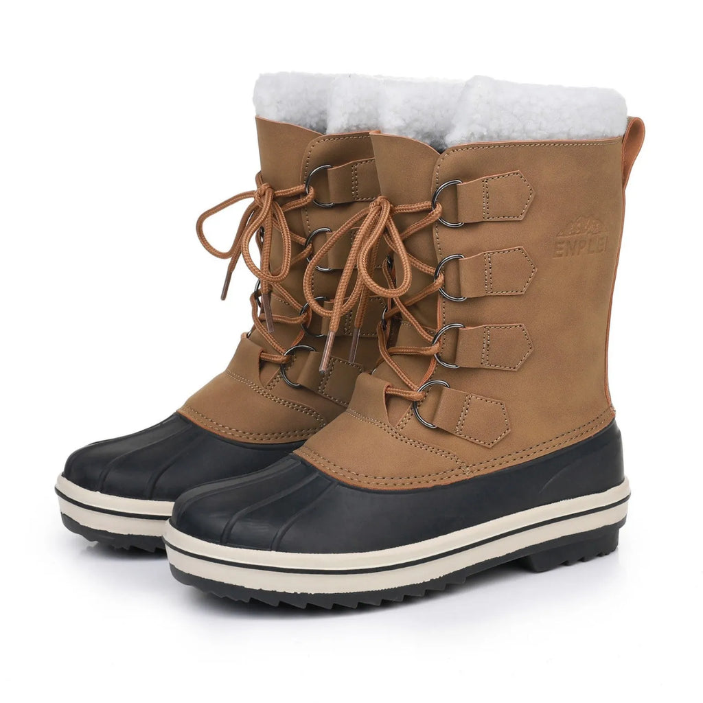 Women's waterproof snow boots in beige brown and black with crazy horse leather upper and rubber sole