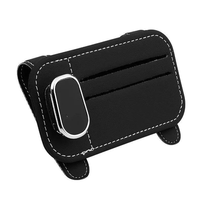 Cowhide leather card holder clipped onto a car sun visor in a choice of colours.