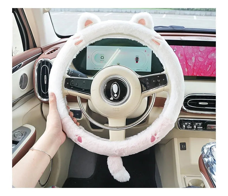 38cm plush steering wheel cover with cartoon embroidery designs including bear, bunny, cat and panda options
