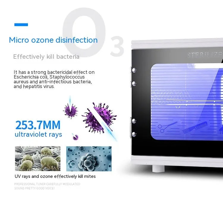 Small silver ultraviolet steriliser unit with dimensions 350x220x255mm for beauty salons