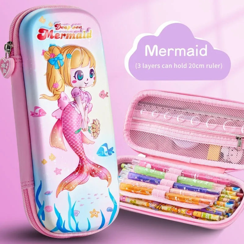 3D leather pencil case with embossed holographic character design showing textured surface detail