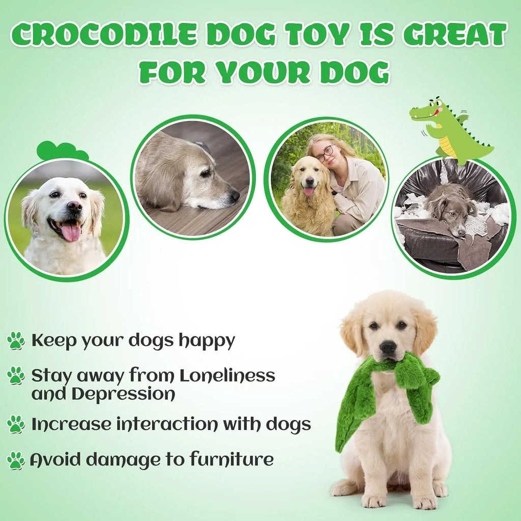 Green crocodile-shaped plush dog toy with no-stuffing construction for safe chewing