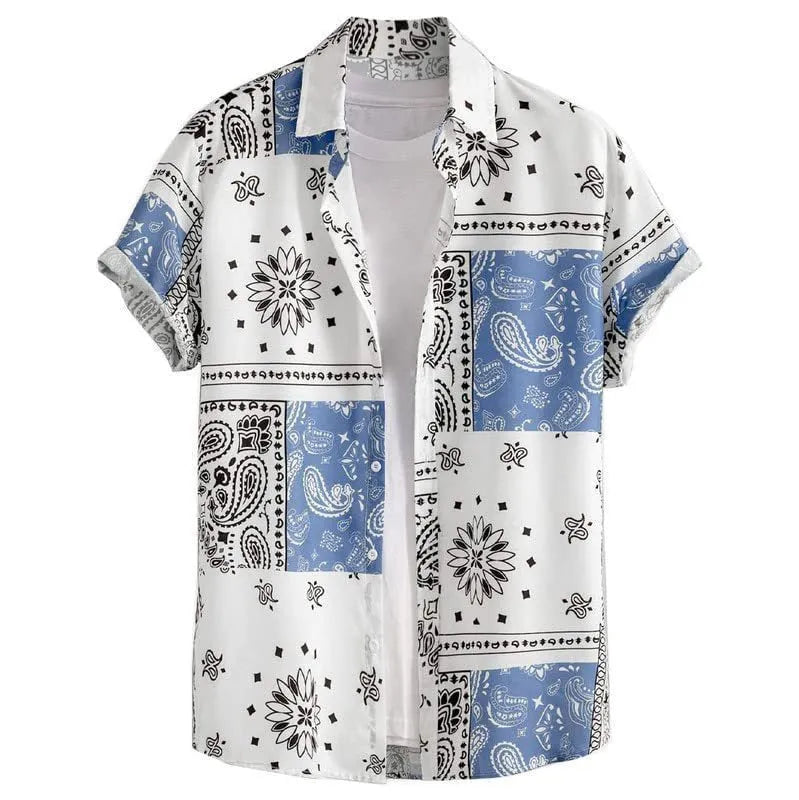 Men's slim fit Hawaiian shirt with short sleeves and digital printed pattern in cardigan style