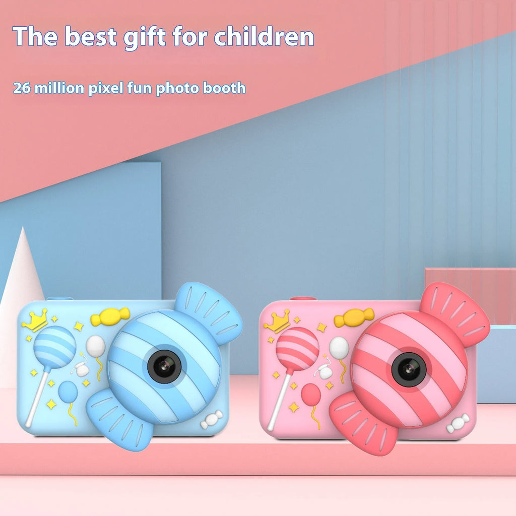 Children's dual camera toy camera in pink lollipop with silicone case and lanyard on a white background