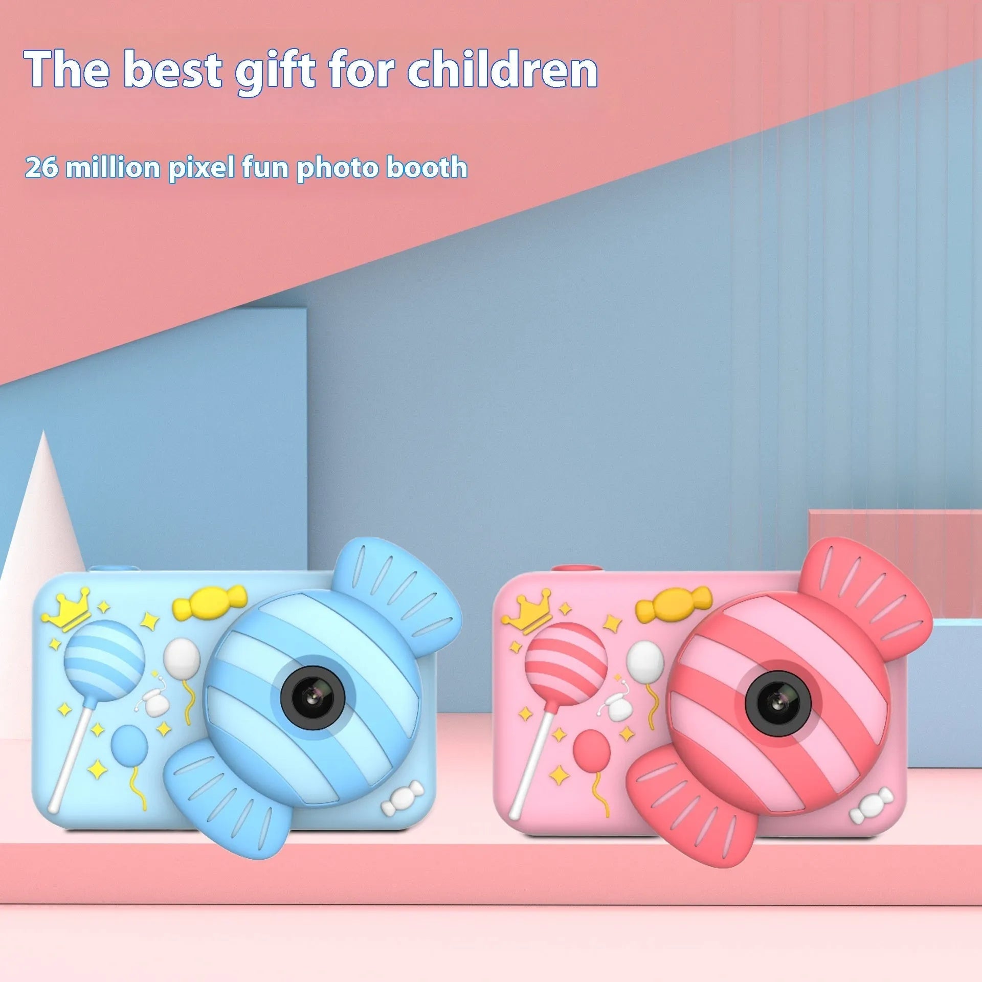 Children's dual camera toy camera in pink lollipop with silicone case and lanyard on a white background