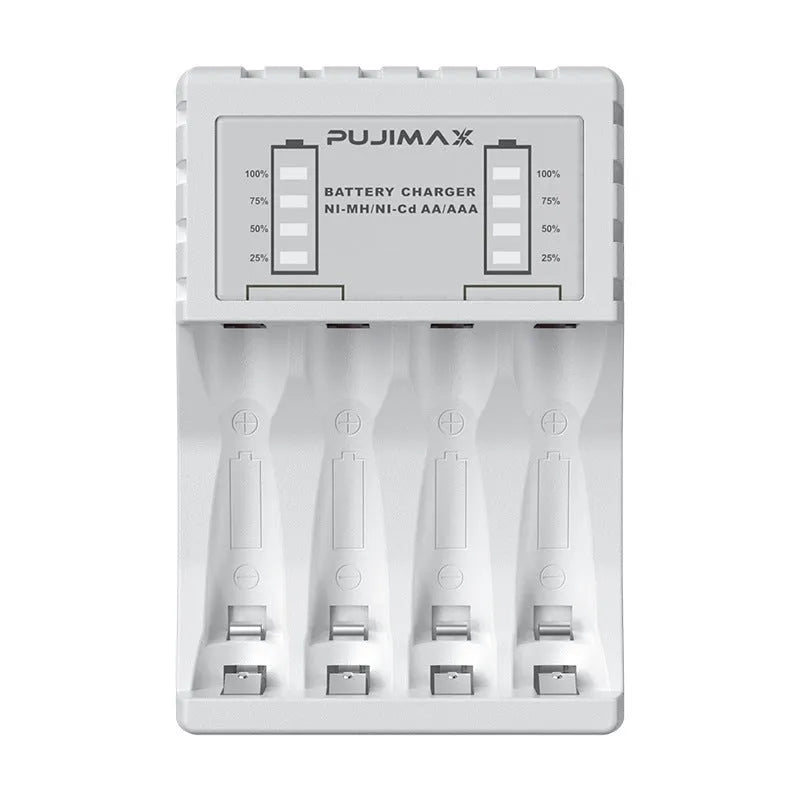 Household black Ni-MH battery charger with LCD screen showing charging status for AA and AAA batteries