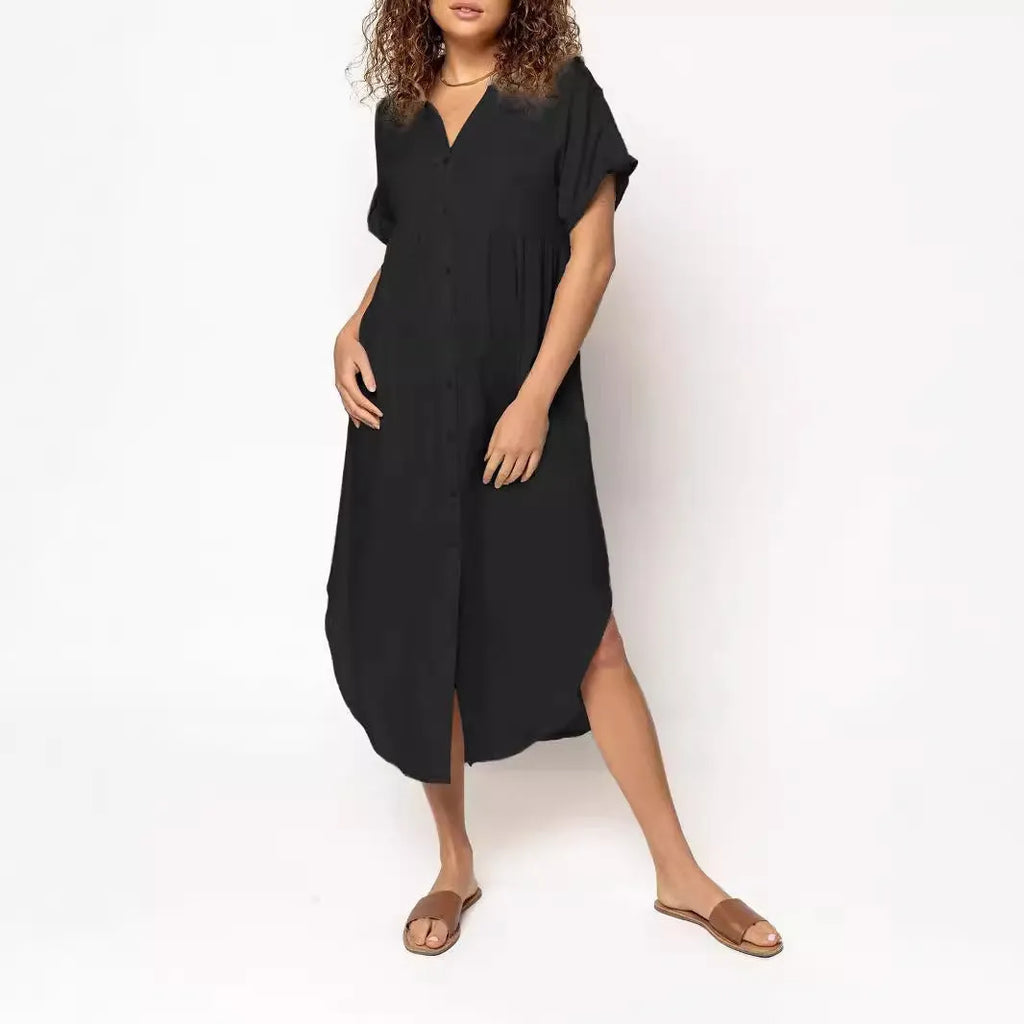 Loose mid-length casual dress with button front in solid colour, shown in apricot
