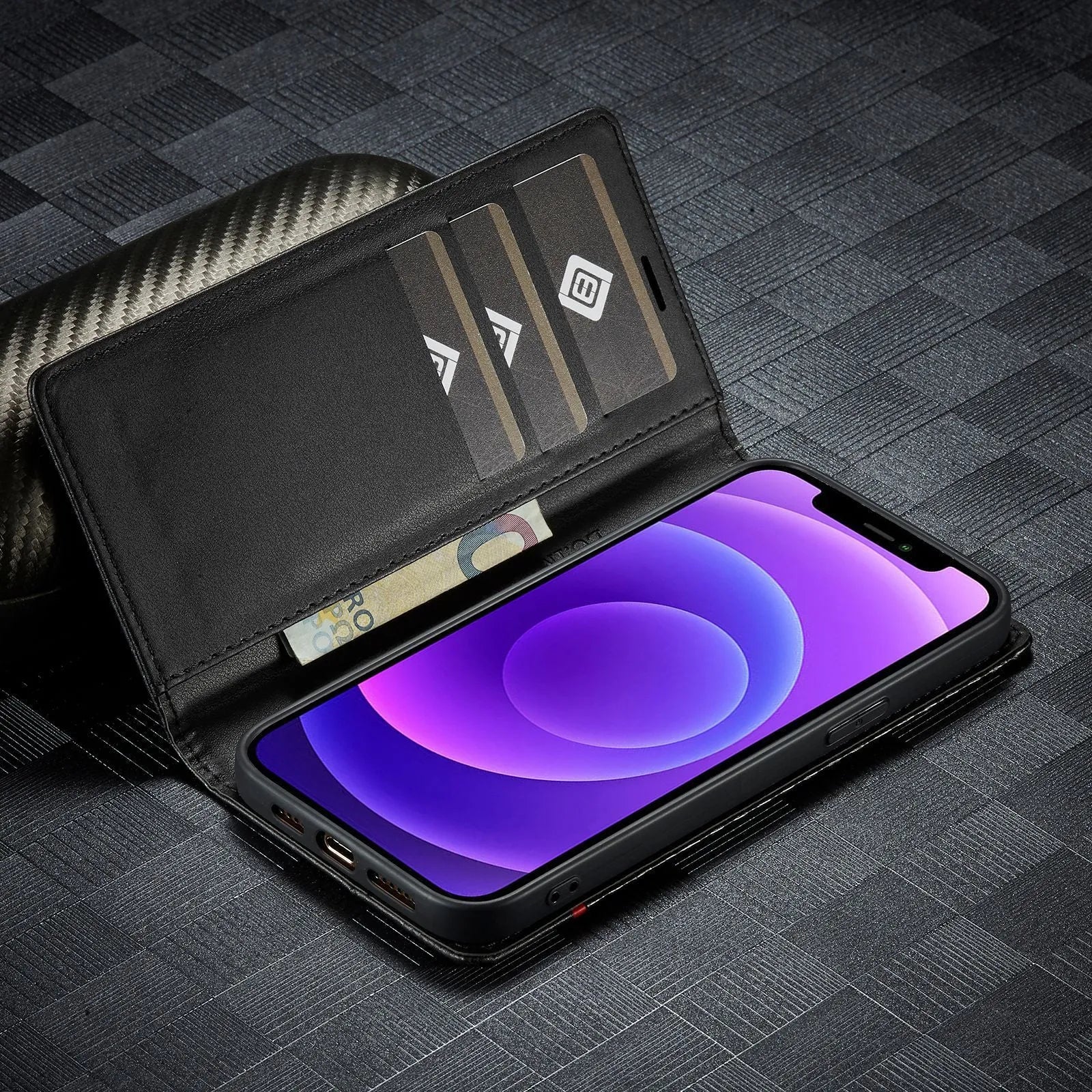 PU TPU handmade carbon fibre magnetic flip phone case in horizontal colour for iPhone
