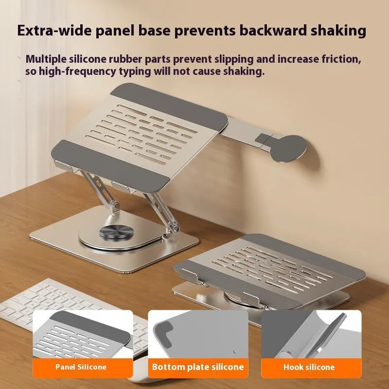 Silver carbon steel laptop stand with side-mounted rotatable magnetic phone holder