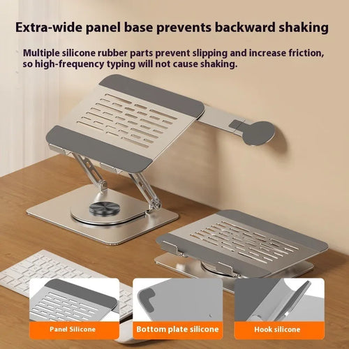 Silver carbon steel laptop stand with side-mounted rotatable magnetic phone holder