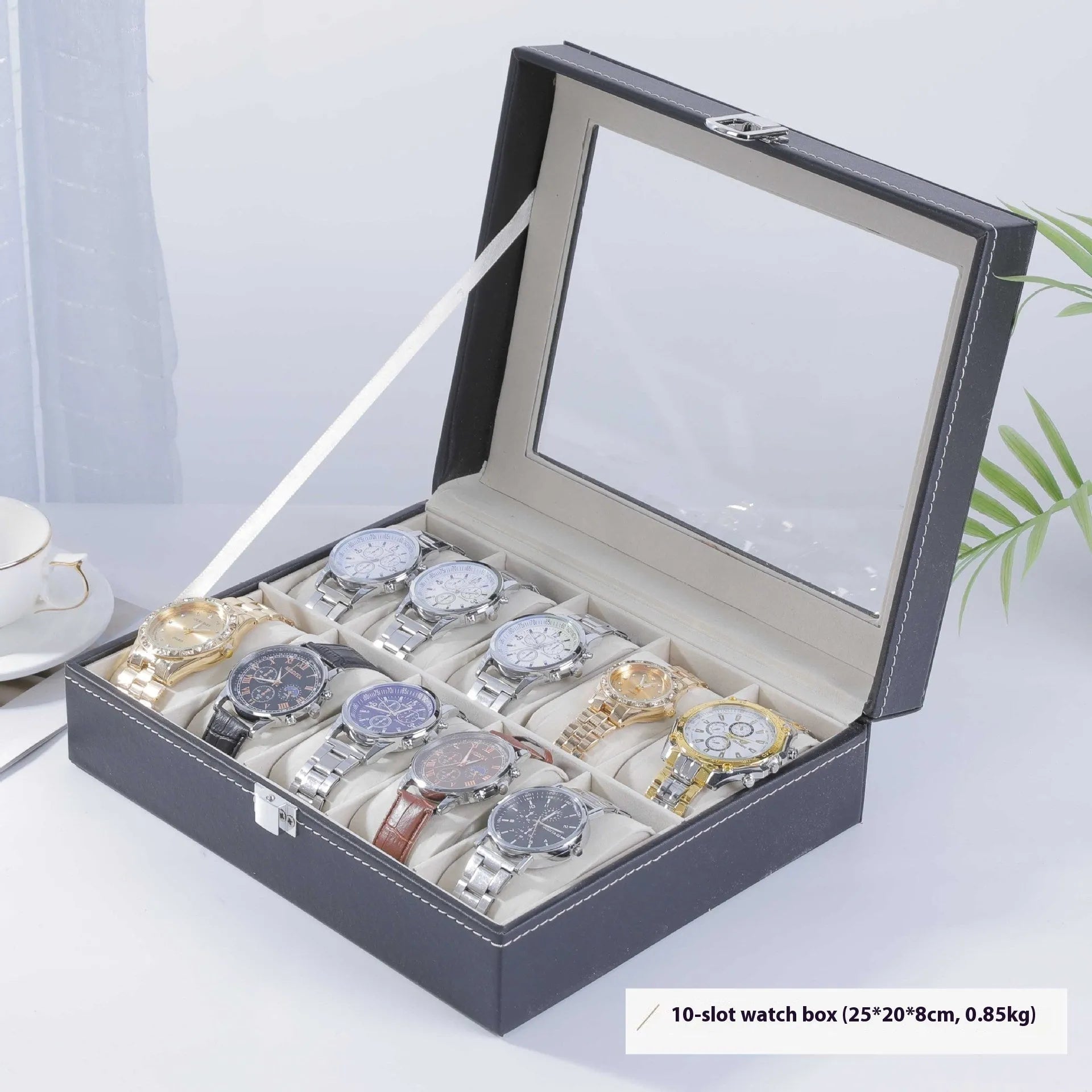 Grey high-grade leather watch storage box with see-through lid for dust protection.