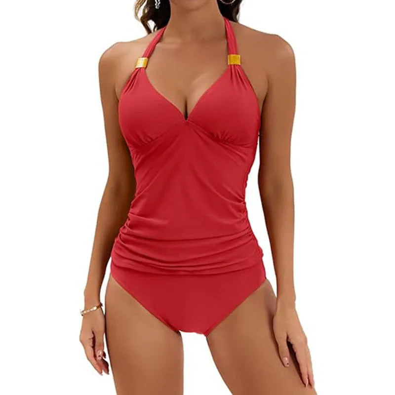 Women's red halter tie two piece swimsuit with high leg briefs on a mannequin.