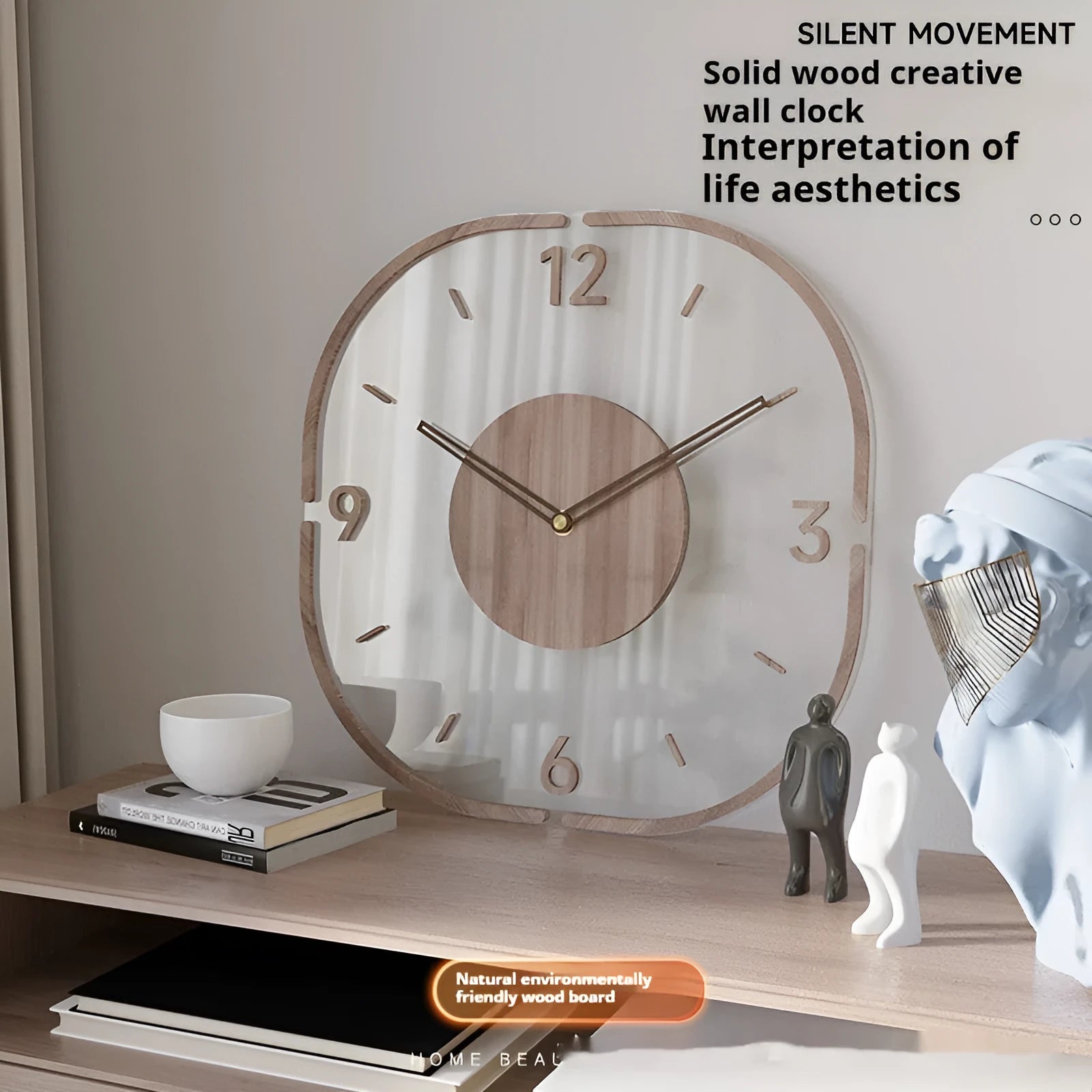 Square transparent wooden frame wall clock measuring 35x35cm with modern design