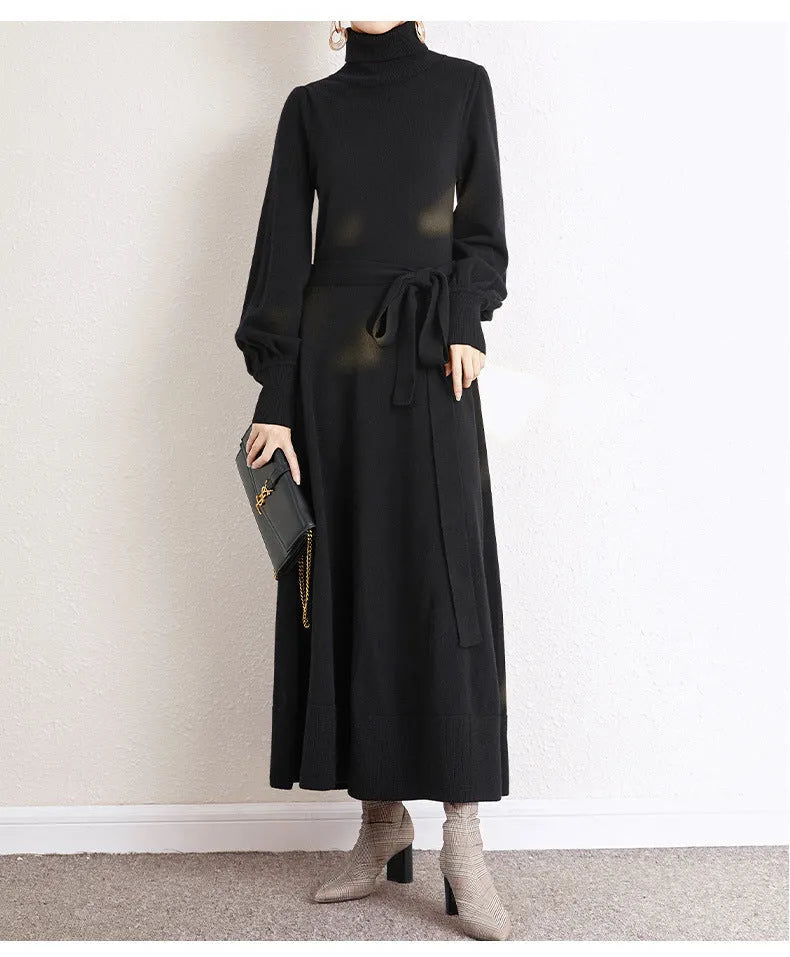 Women's rose red turtleneck long sleeve knit dress with elastic waist and loose mid-length skirt.