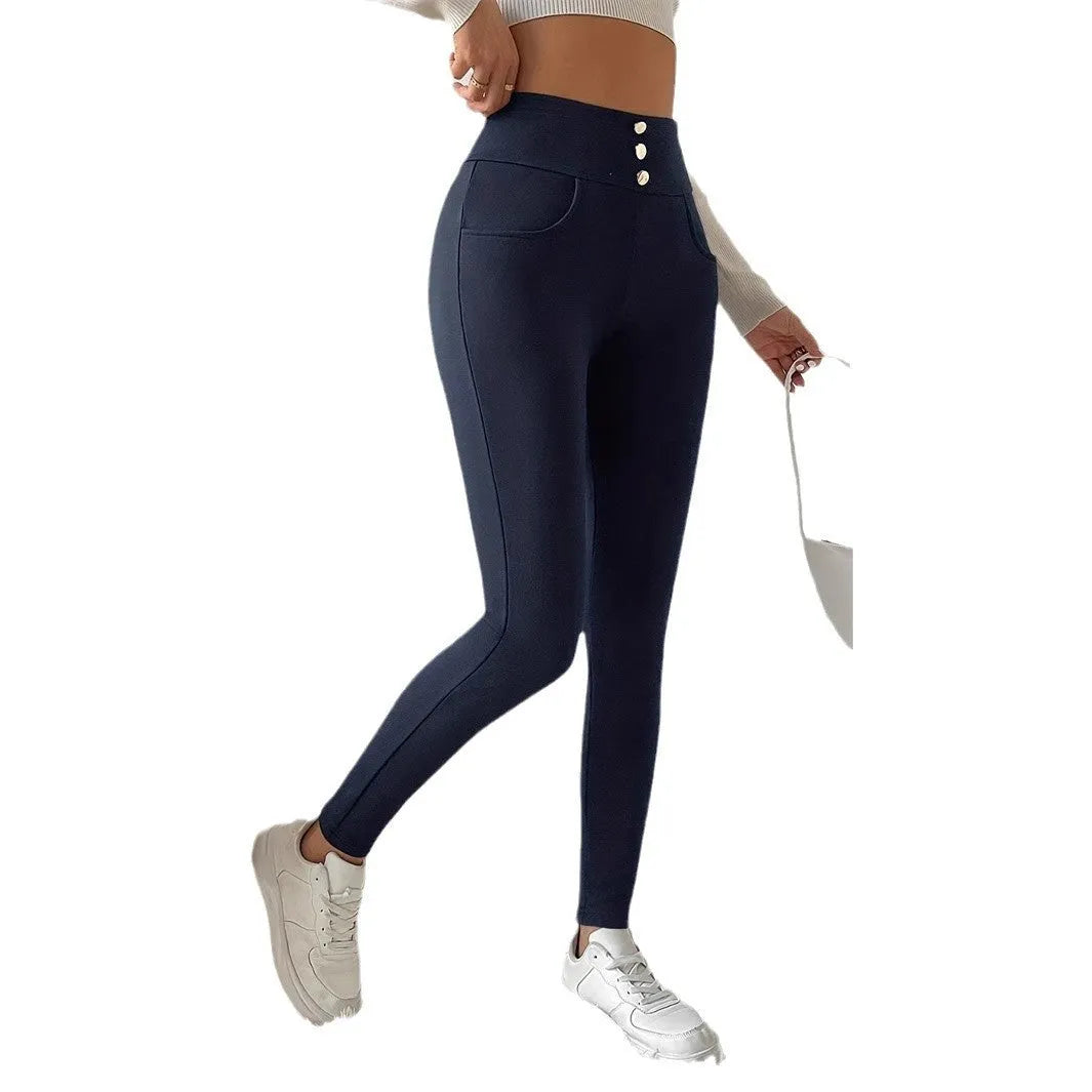 Women's navy blue high-waist slim trousers with straight-leg design on hanger