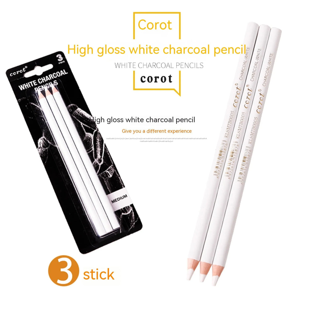 Three white charcoal pencils with wooden barrels and brush attachments for drawing
