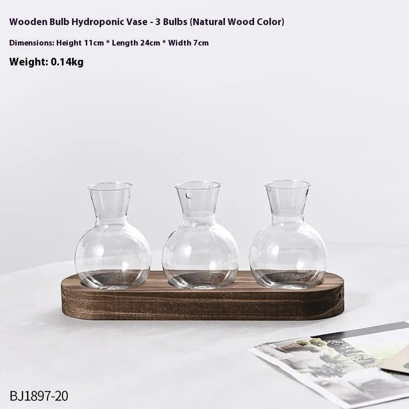 Wooden frame transparent hydroponic vase set with multiple PET glass containers in modern simplicity design