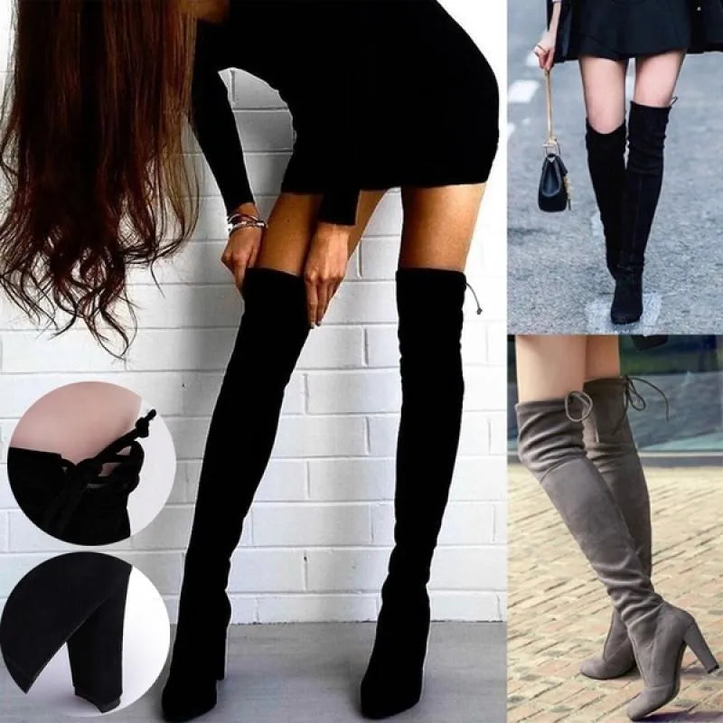 Black knee high boots for women with thick heel and round toe
