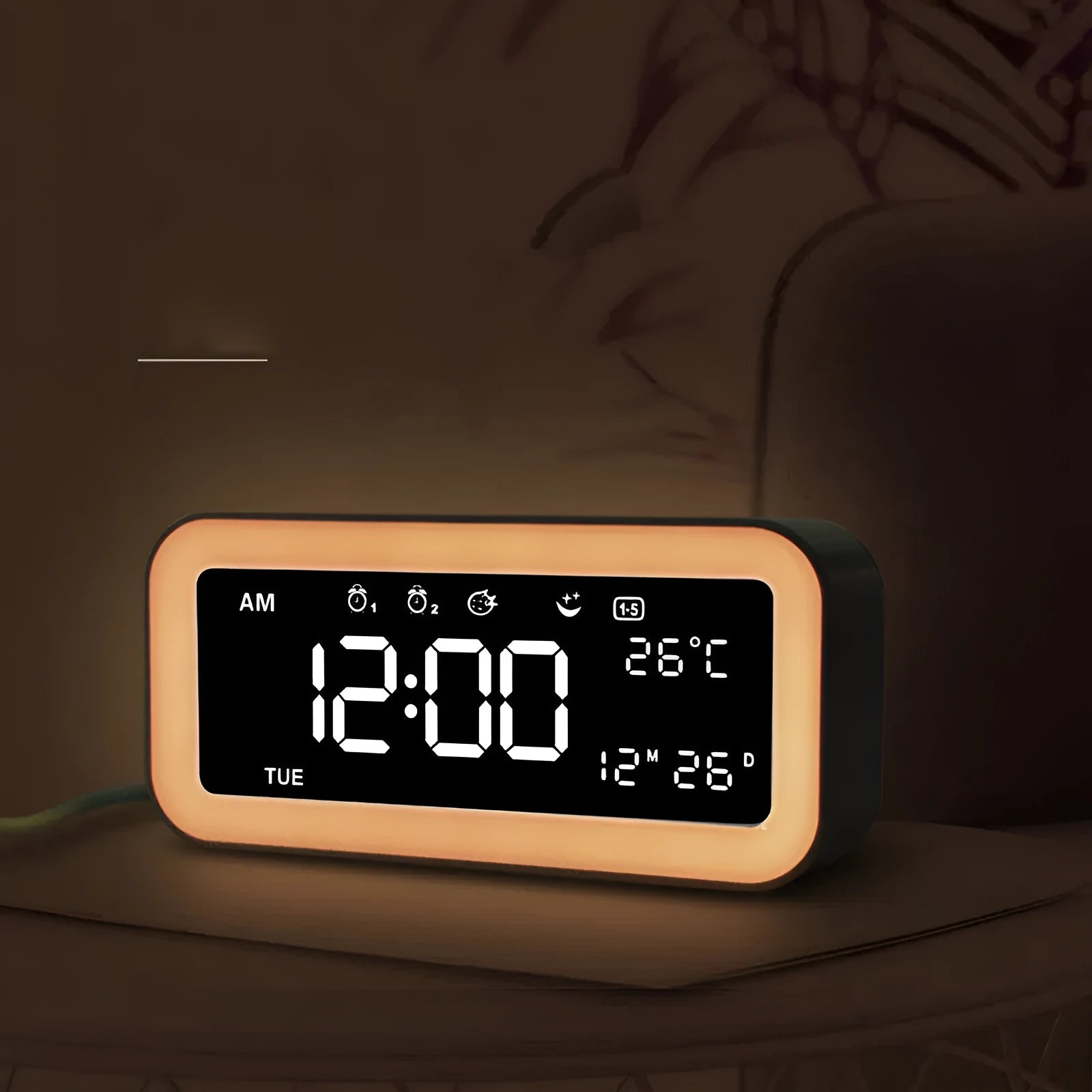 Blue rectangular LED atmosphere light alarm clock with digital display on quartz glass.