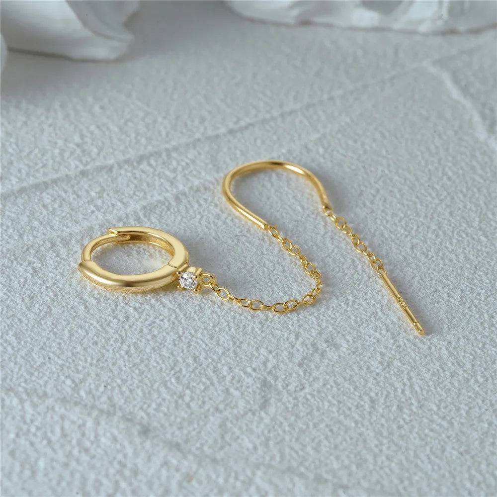 S925 sterling silver diamond flower tassel chain ear clip stud earrings in gold colour