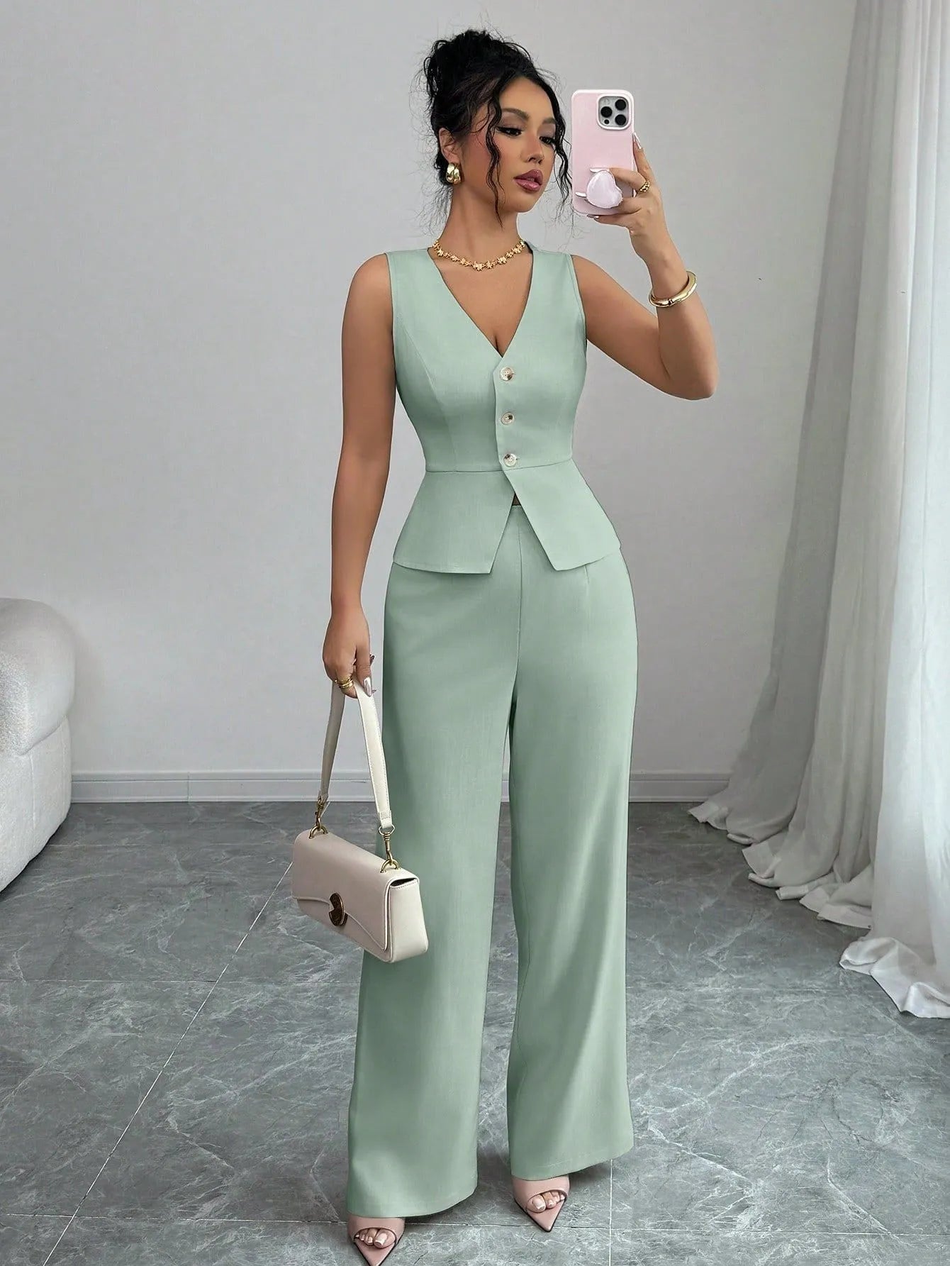 Women's sleeveless vest and high waist trousers two-piece set in solid colour