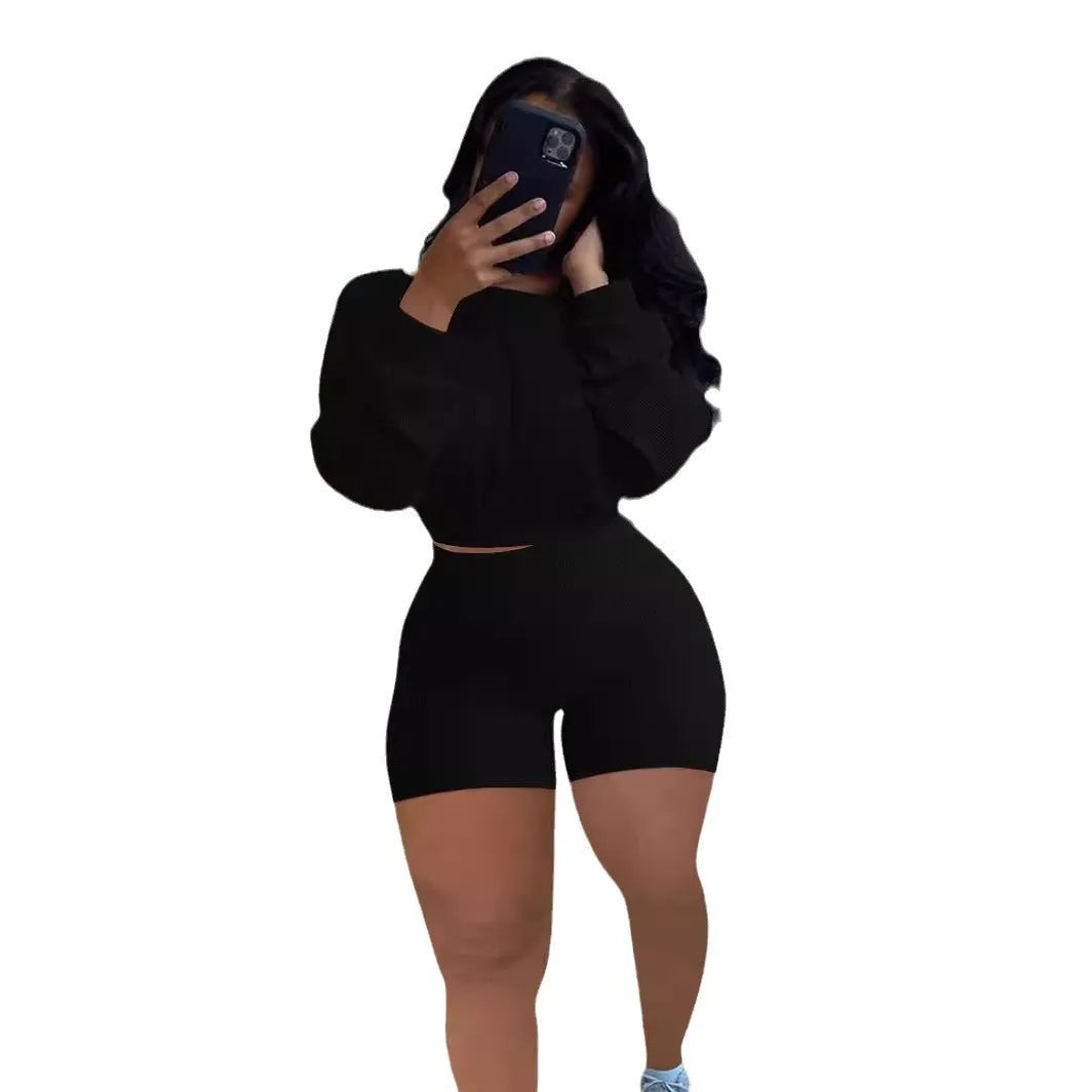Ladies' solid colour off-the-shoulder long sleeve top and shorts two-piece set