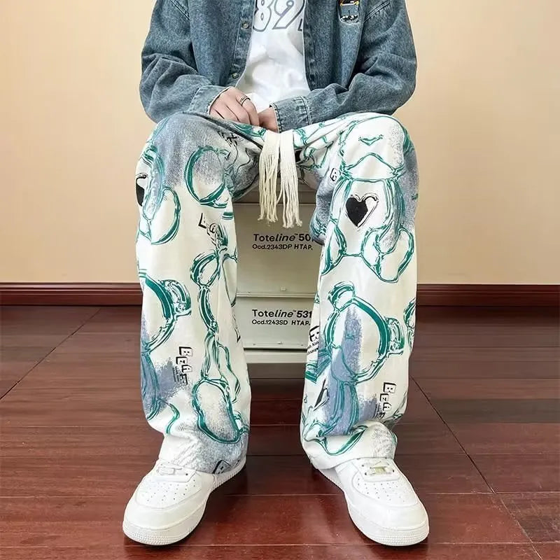 Men's casual polyester fibre trousers with cartoon print in black, size M to XXXL