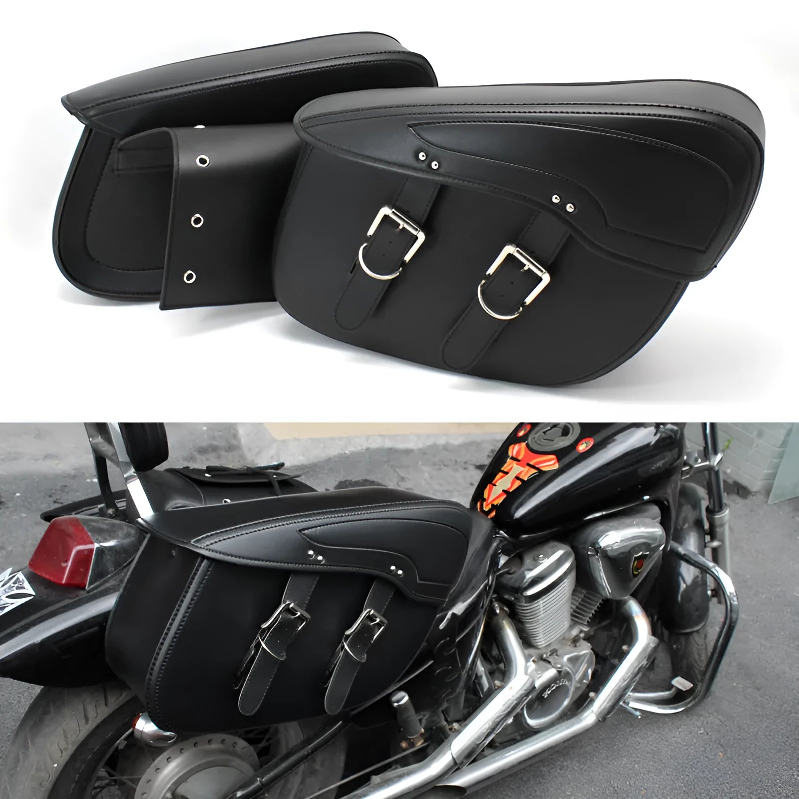 Retro style PU leather motorcycle saddlebag side box in black, dimensions 42cm x 15cm x 30cm