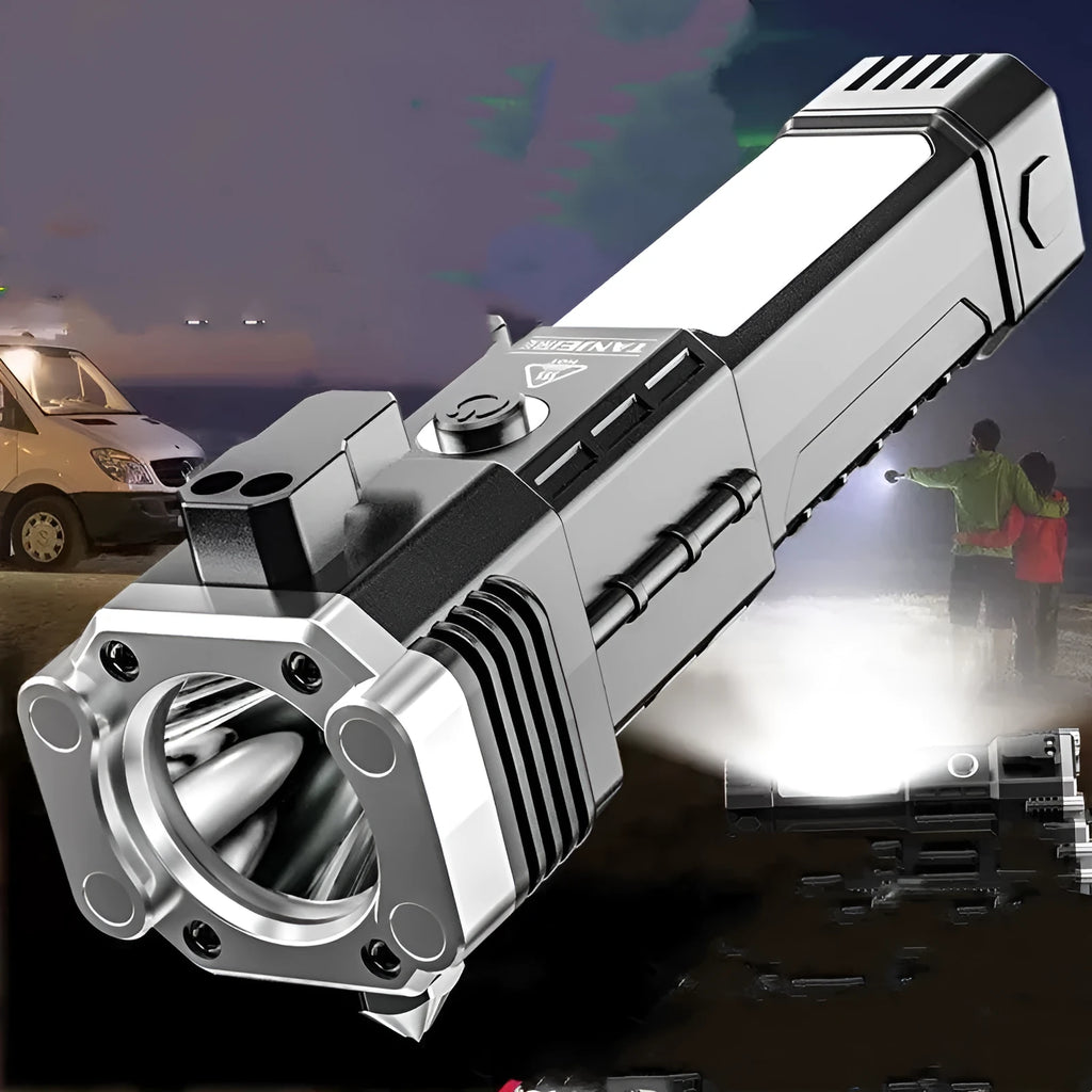 Silver plastic LED flashlight with integrated power bank, shown with USB charging cable.