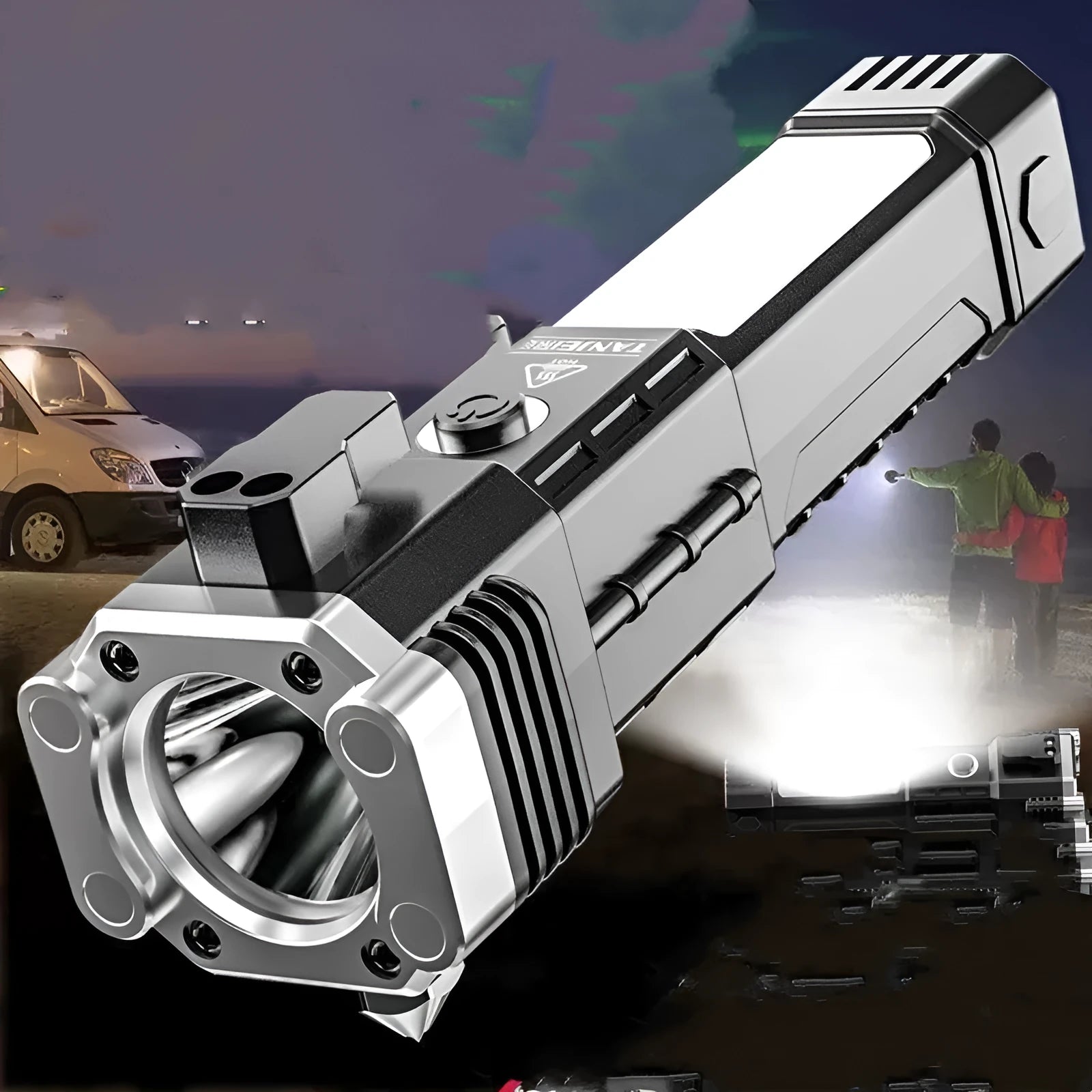 Silver plastic LED flashlight with integrated power bank, shown with USB charging cable.