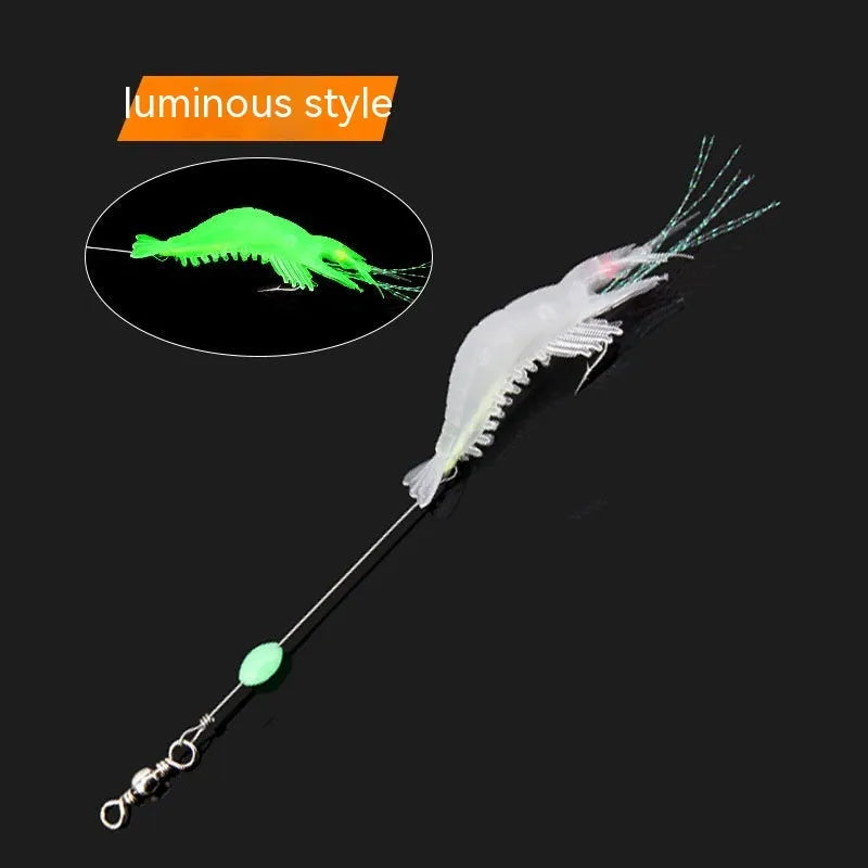 Soft plastic fishing lure with integrated hook in six colour variations including luminous patterns