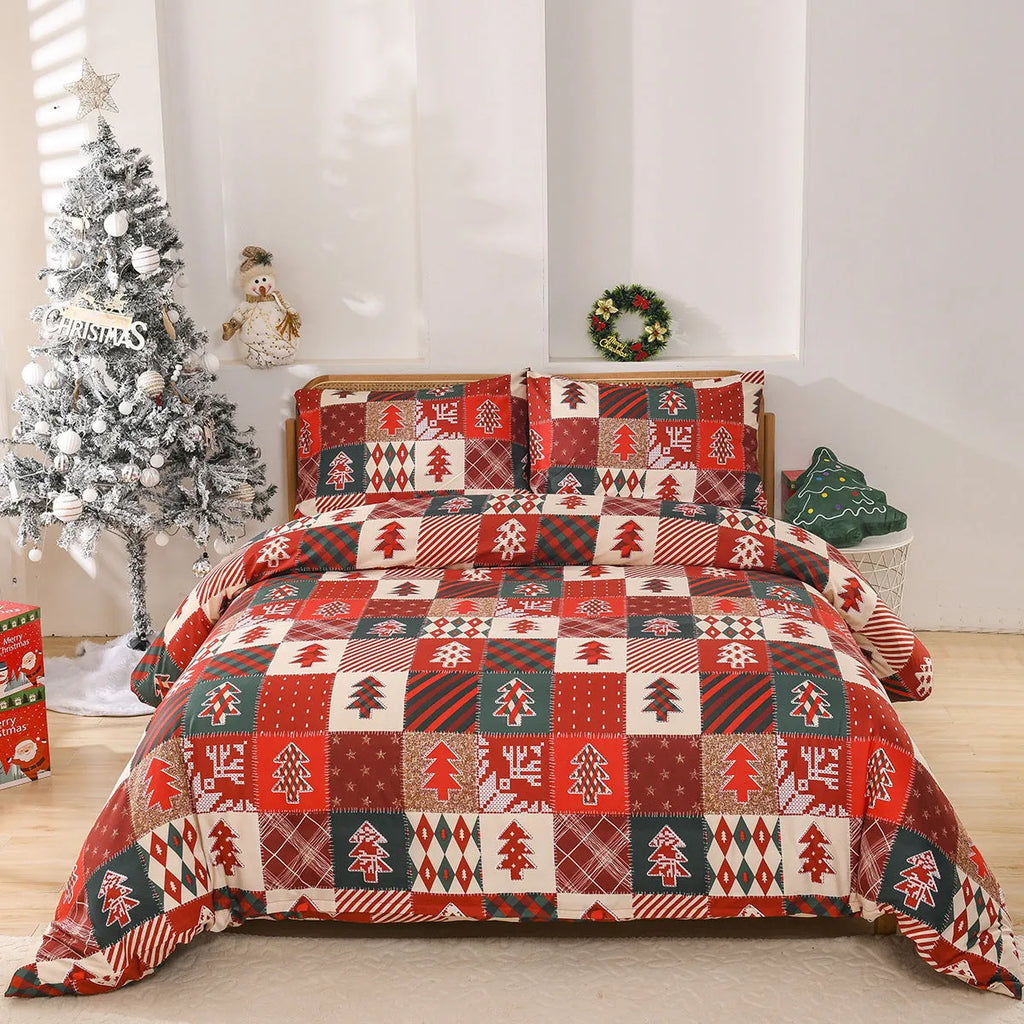 Christmas red plaid pattern three-piece bedding set with quilt cover and pillowcases on bed