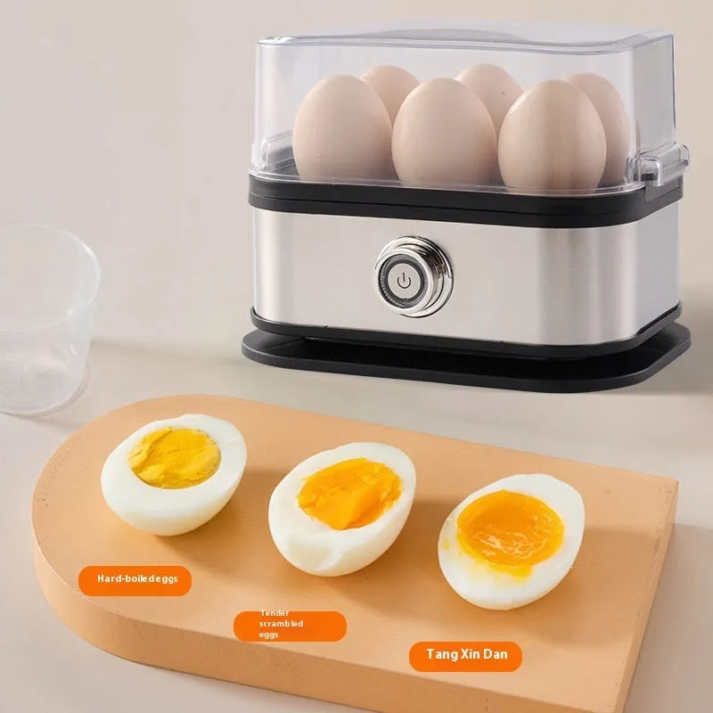 Black stainless steel portable egg boiler with a compact belt-like design for travel