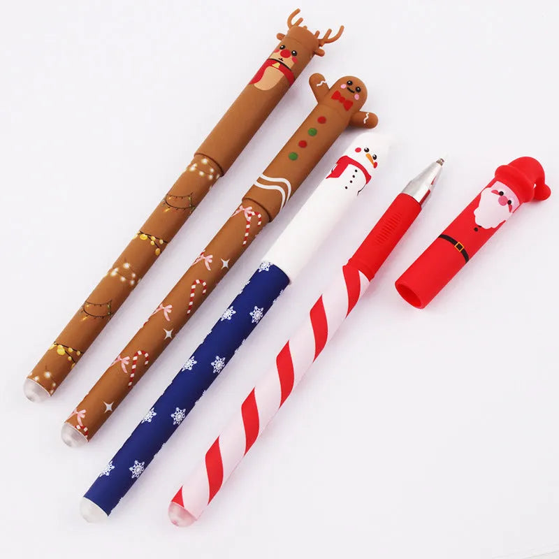 Four erasable gel pens in red, black, green, and blue with Christmas themes on a white background
