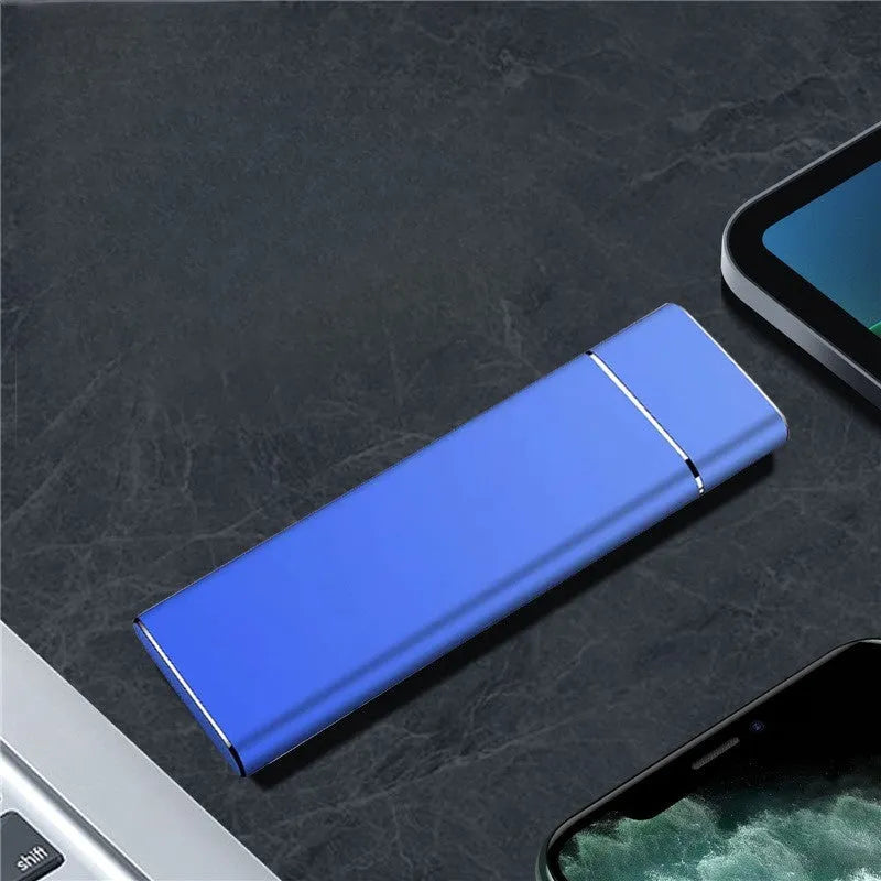 Sapphire blue metal portable external hard disk with USB cable for mobile phone and computer storage