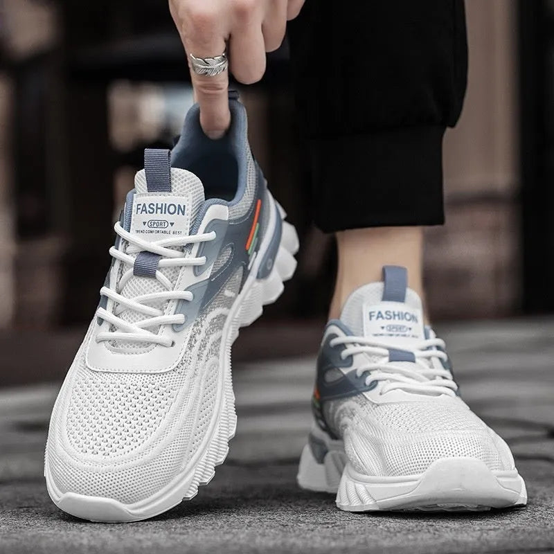 Men's black and white-blue platform casual running shoes with cross shoulder straps and rubber sole