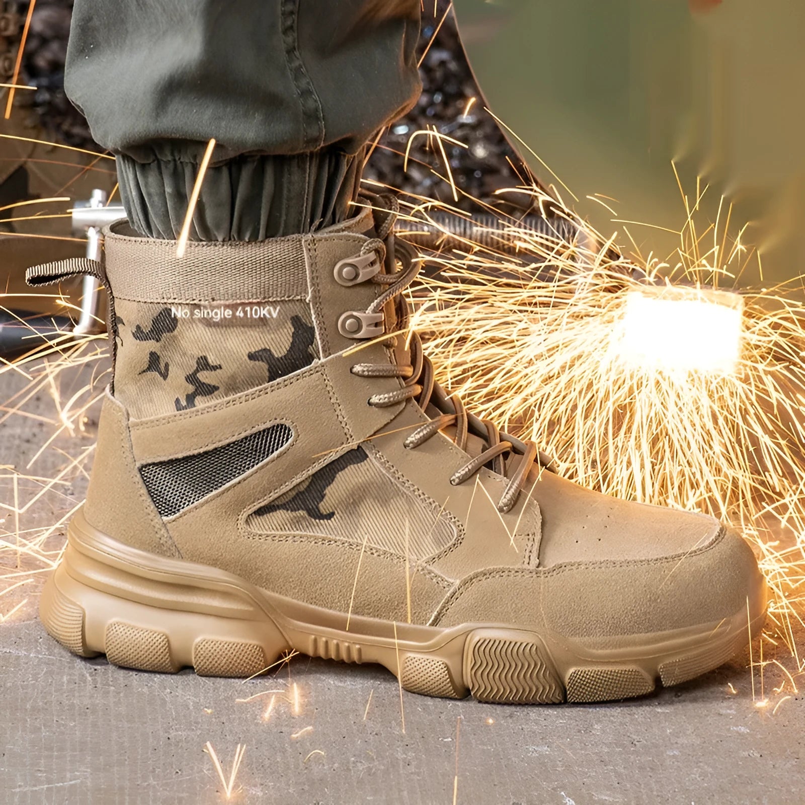 Insulated 10kV anti smashing anti piercing safety boots with suede cowhide upper and rubber sole.