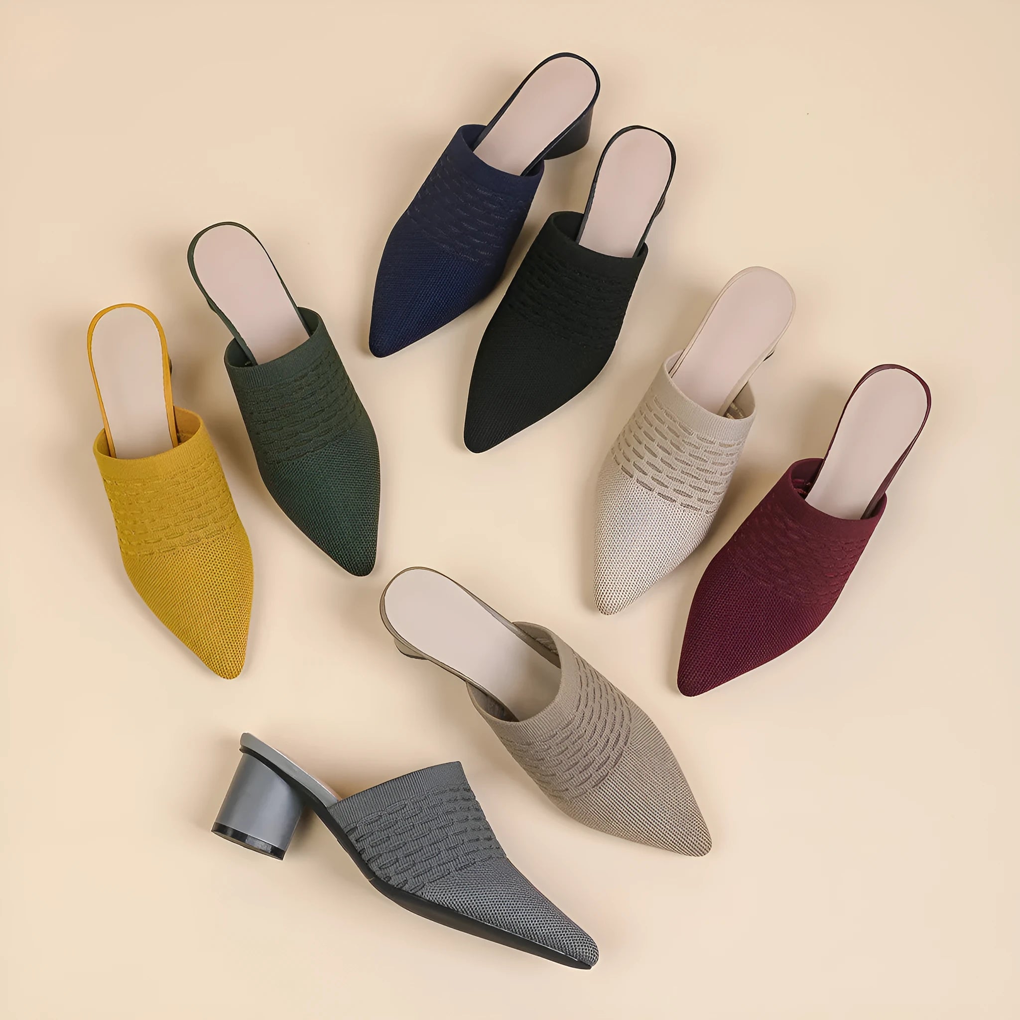 Women's black pointed toe sandals with toe cap and a 5cm chunky heel.