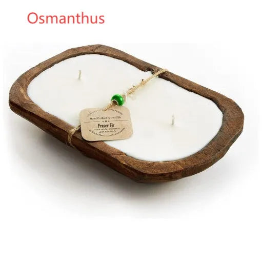 Retro-style lavender aromatherapy candle in a wooden basin made from soy wax.