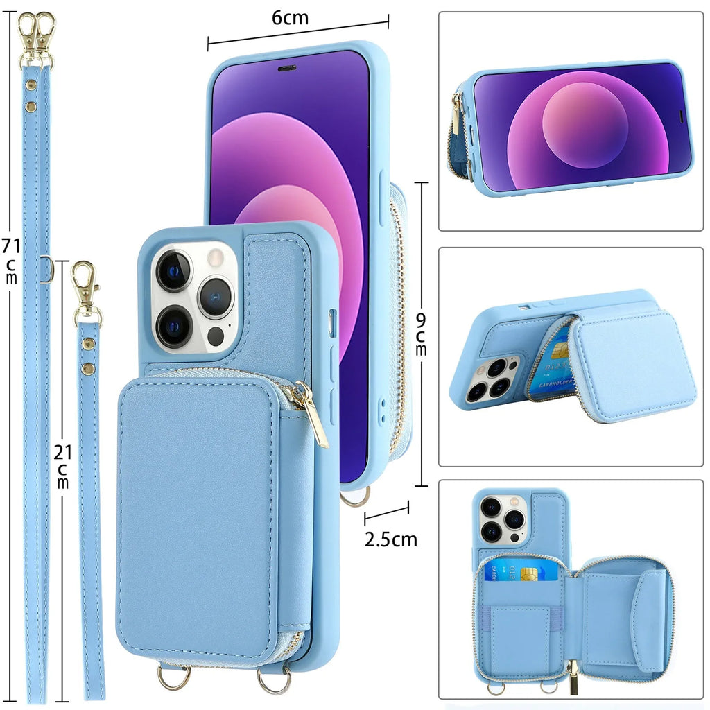 Crossbody wallet phone case for iPhone 14 Pro with black imitation leather, zippered card compartment, and detachable lanyard