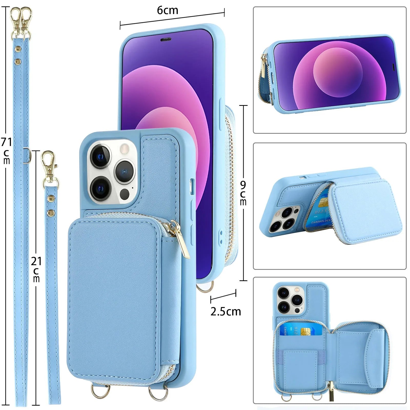 Crossbody wallet phone case for iPhone 14 Pro with black imitation leather, zippered card compartment, and detachable lanyard