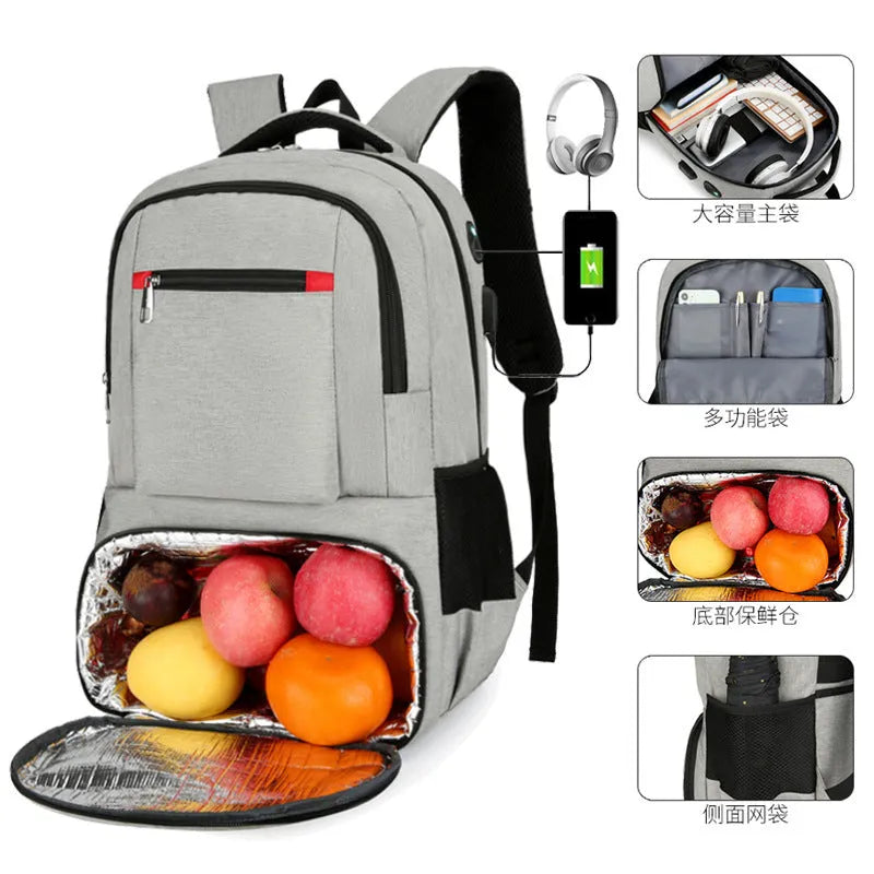 Oxford cloth insulated backpack with curved shoulder straps showing dry-wet separation compartments and 36-55L capacity