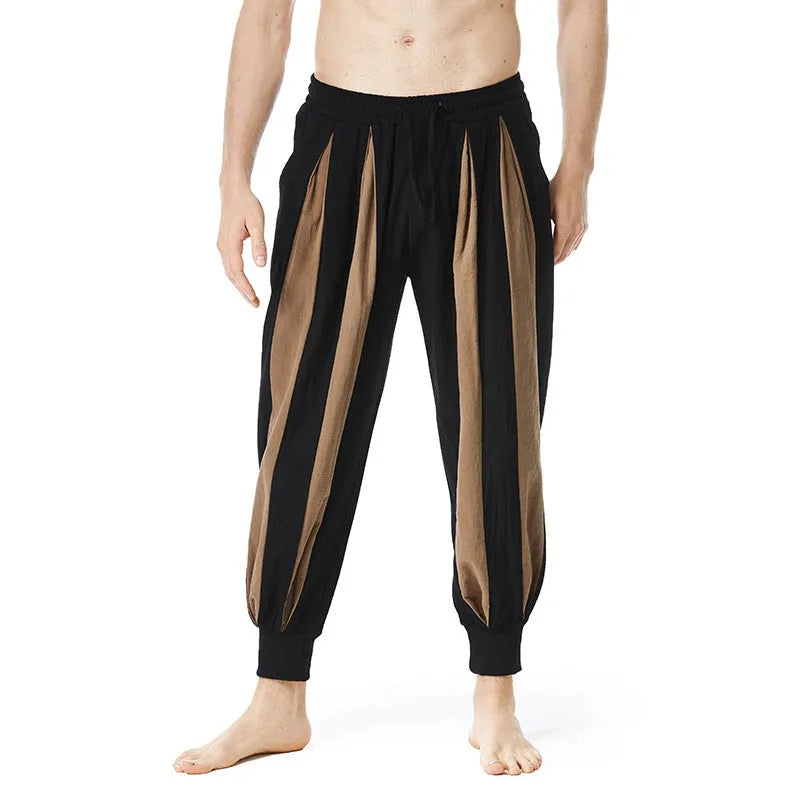 Man wearing straight-leg casual trousers in khaki, showcasing the spring-ready polyester style.
