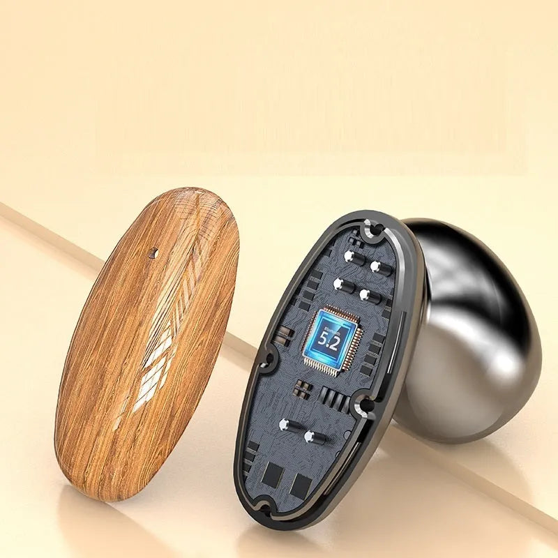 M35 wood grain Bluetooth headphones with charging case showing wood texture finish