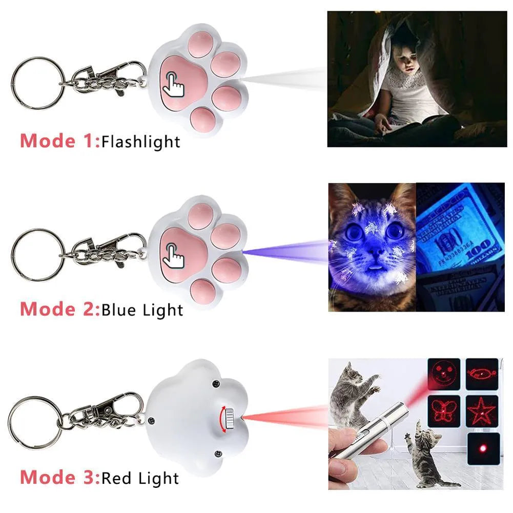 Pink and black USB-rechargeable infrared laser cat teaser toy with keychain loop.