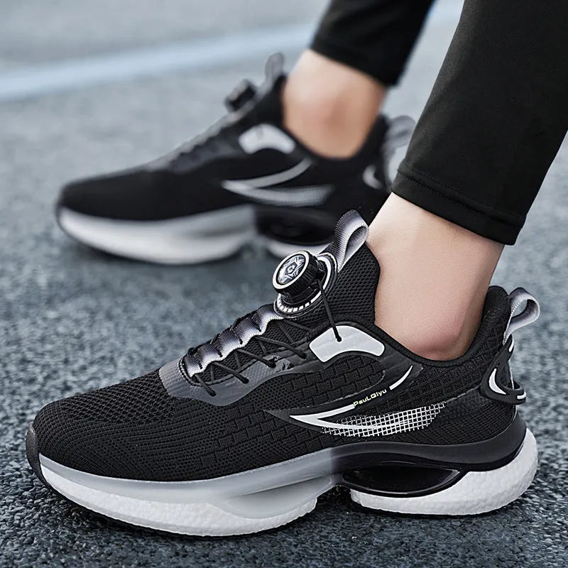 Low-top men's running shoes with buckle closure in solid colours showing Fly-knit mesh upper and TPU soles