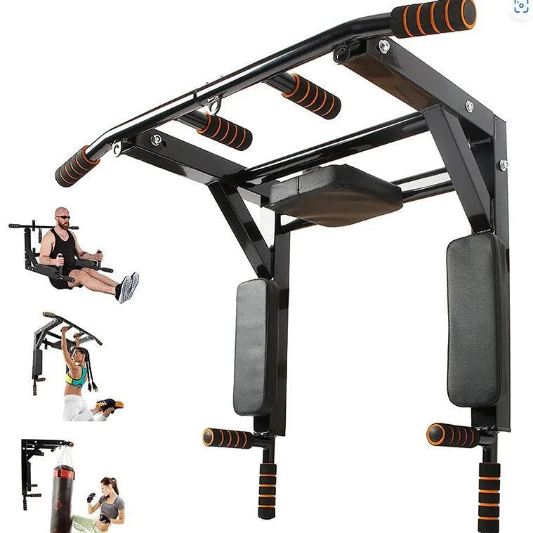 Black wall-mounted steel sandbag rack with integrated parallel pull-up bars for fitness training